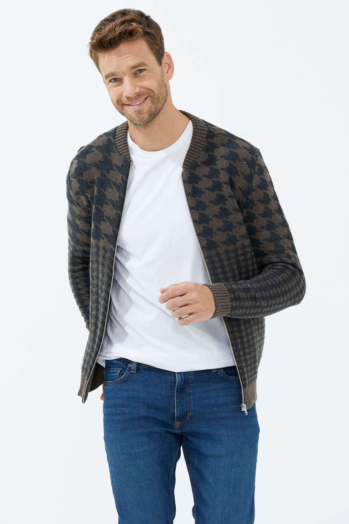 Fermuarlı Blok Desenli Triko Hırka - Vizon (3) Sementa