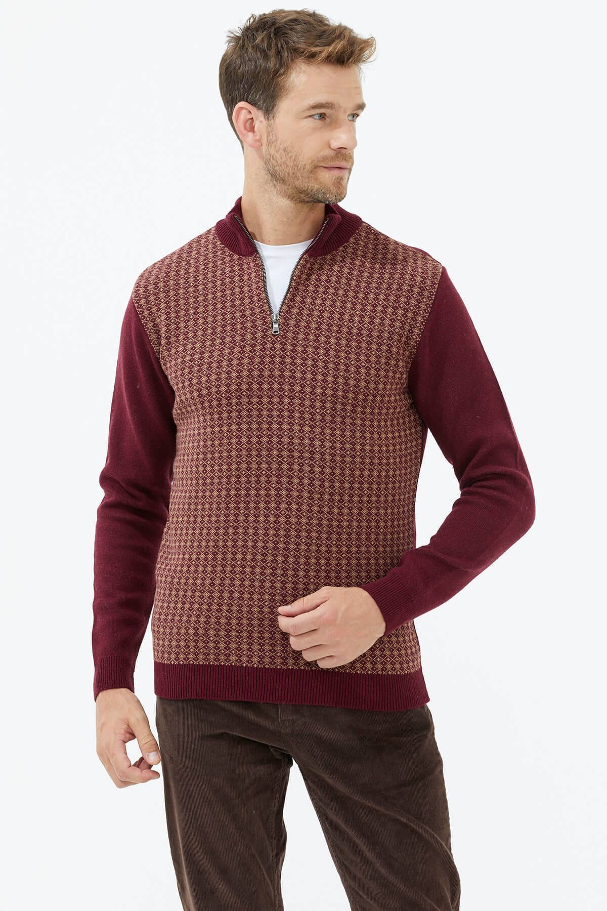 Fermuarlı Dik Yaka Triko Kazak - Bordo (2) Sementa