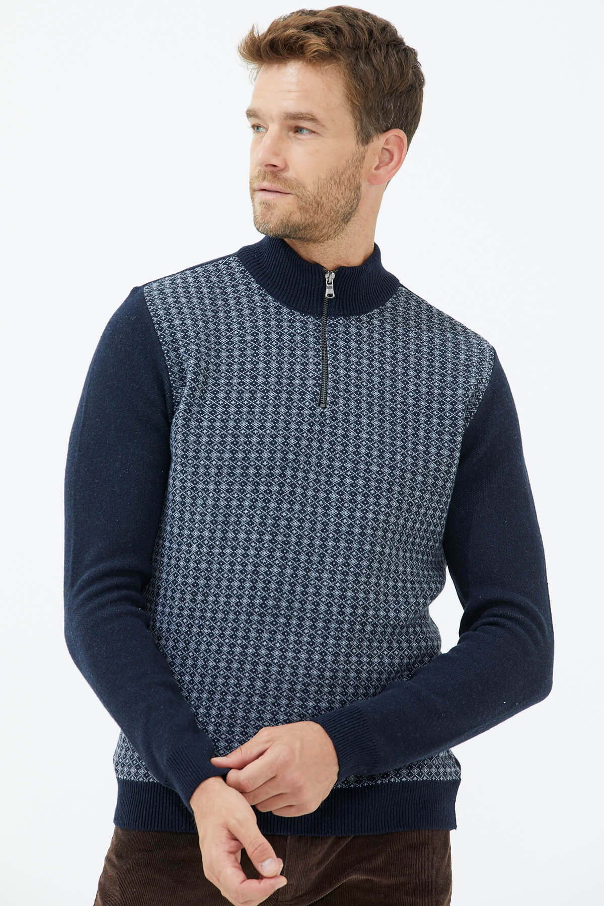 Fermuarlı Dik Yaka Triko Kazak - Lacivert (3) Sementa