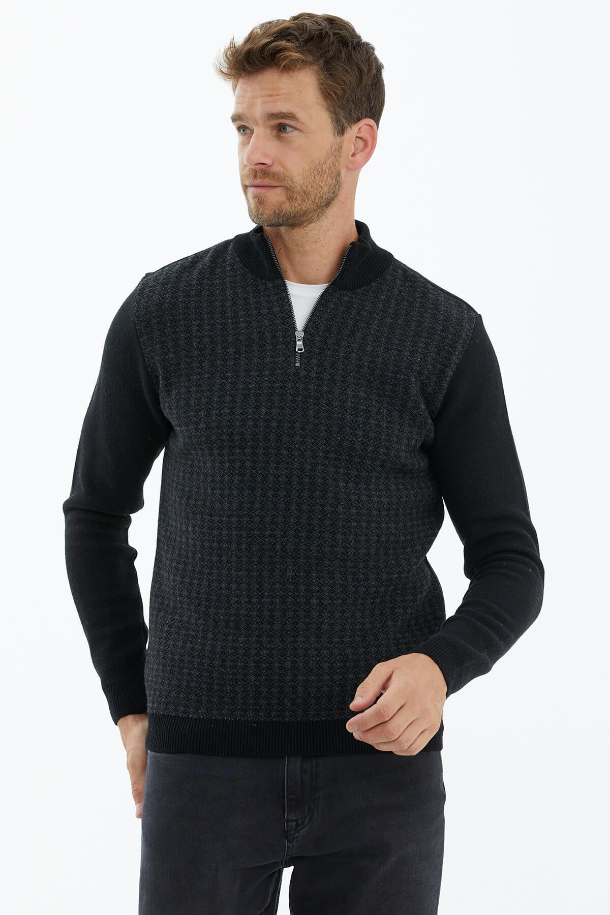 Fermuarlı Dik Yaka Triko Kazak - Siyah (3) Sementa