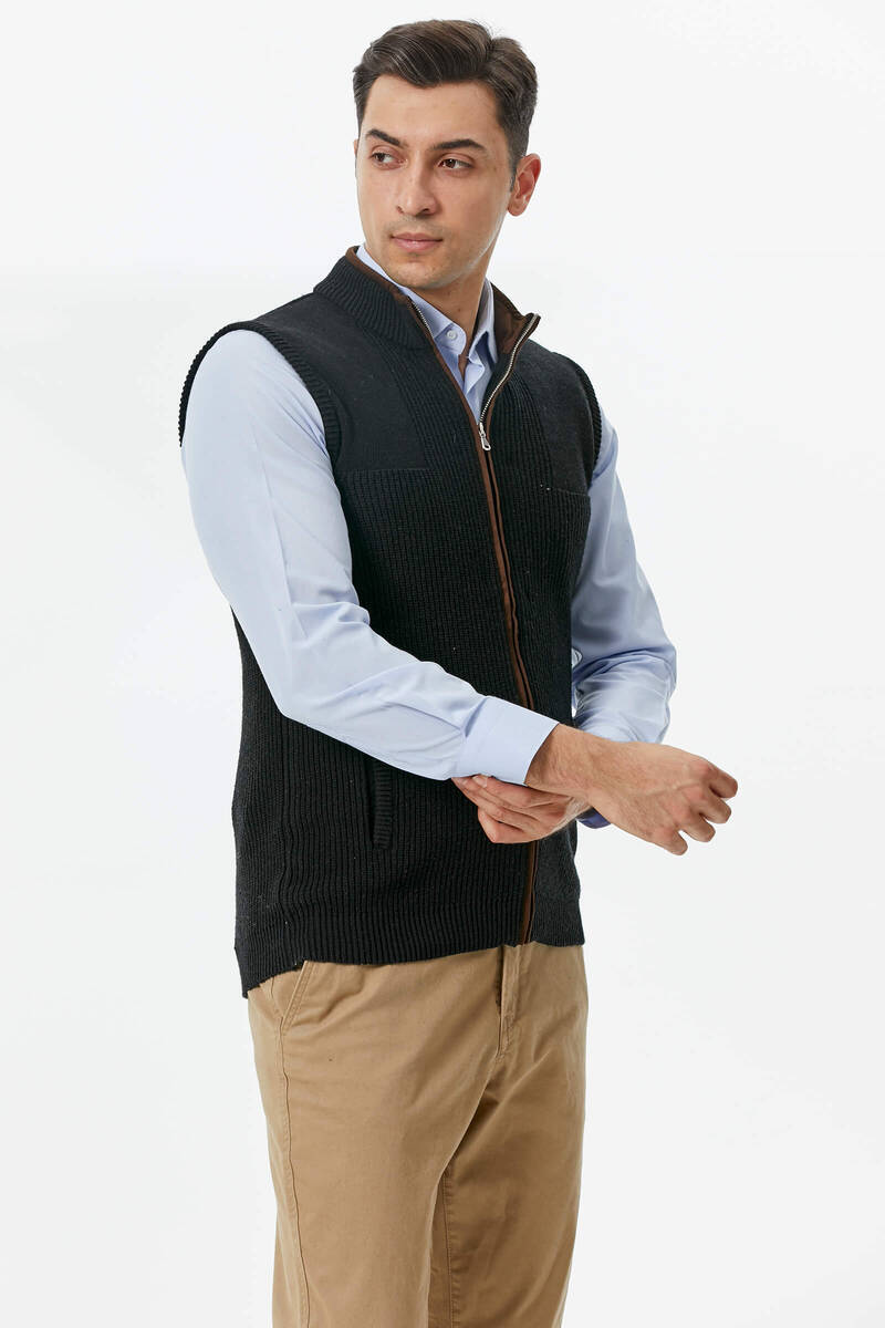 Fermuarlı Dik Yakalı Triko Yelek - Siyah (2) Sementa