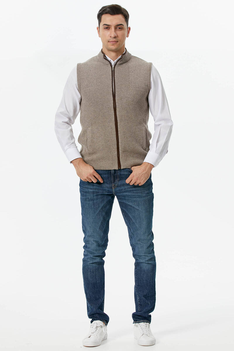 Fermuarlı Dik Yakalı Triko Yelek - Sütlü Kahve (1) Sementa