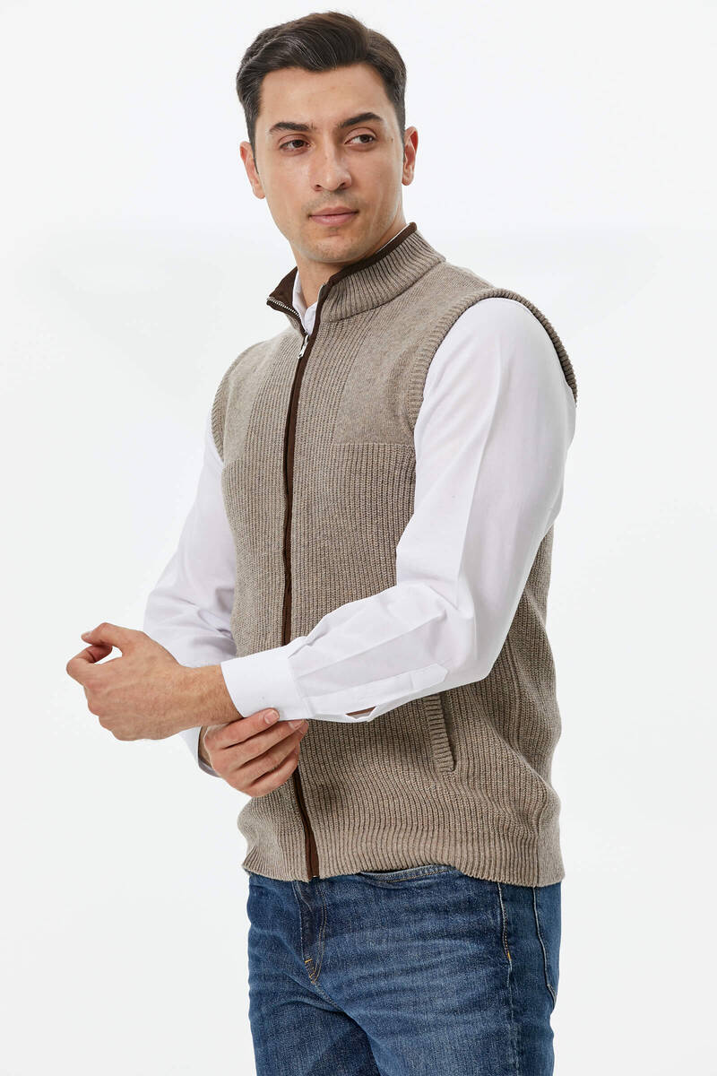 Fermuarlı Dik Yakalı Triko Yelek - Sütlü Kahve (2) Sementa