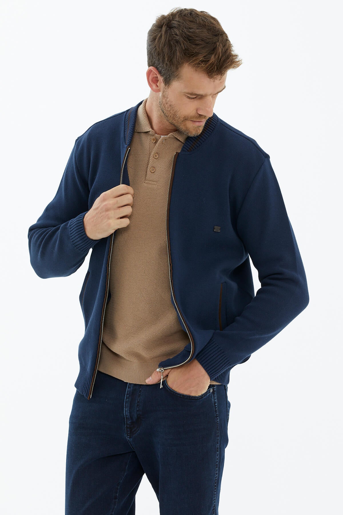 Fermuarlı Nubuk Biyeli Triko Mont - Lacivert (2) Sementa