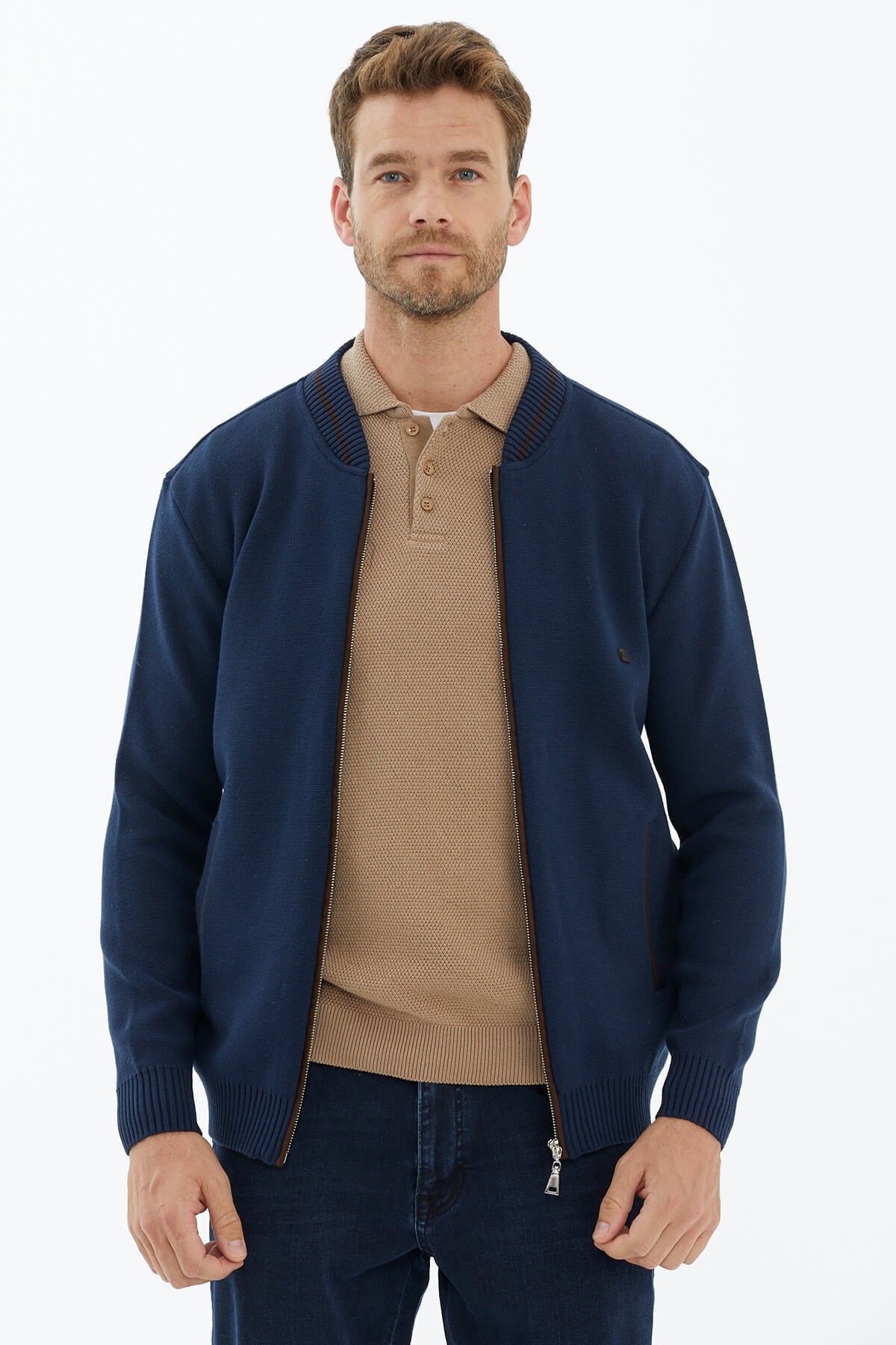 Fermuarlı Nubuk Biyeli Triko Mont - Lacivert (3) Sementa