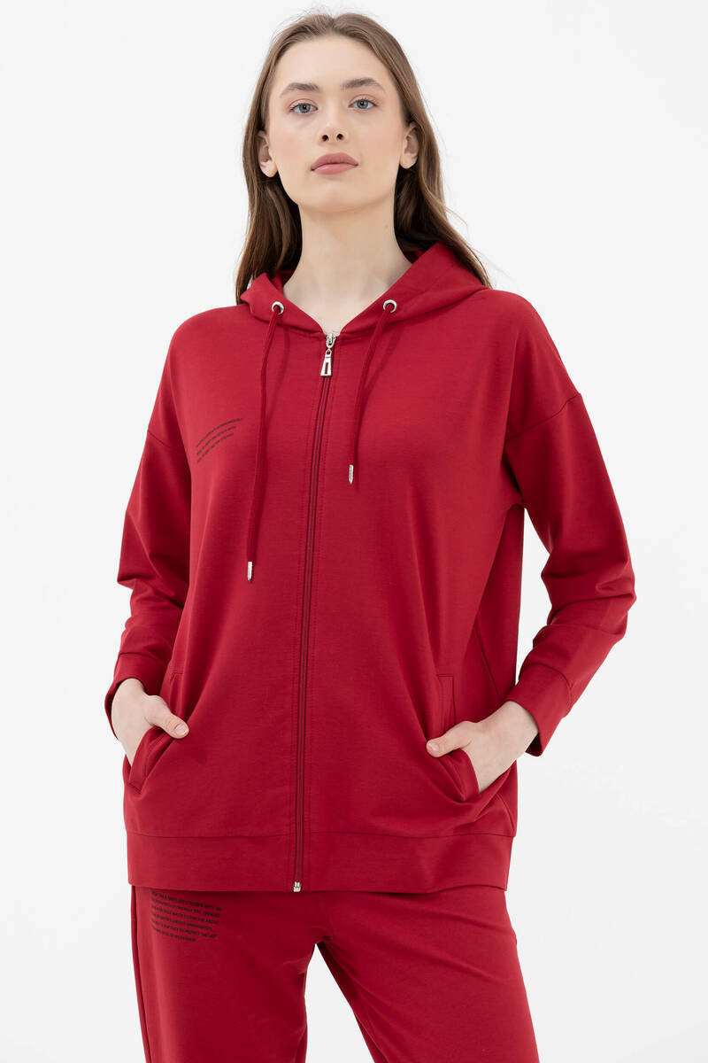 Fermuarlı Oversize Sweat - Kırmızı (1) Sementa