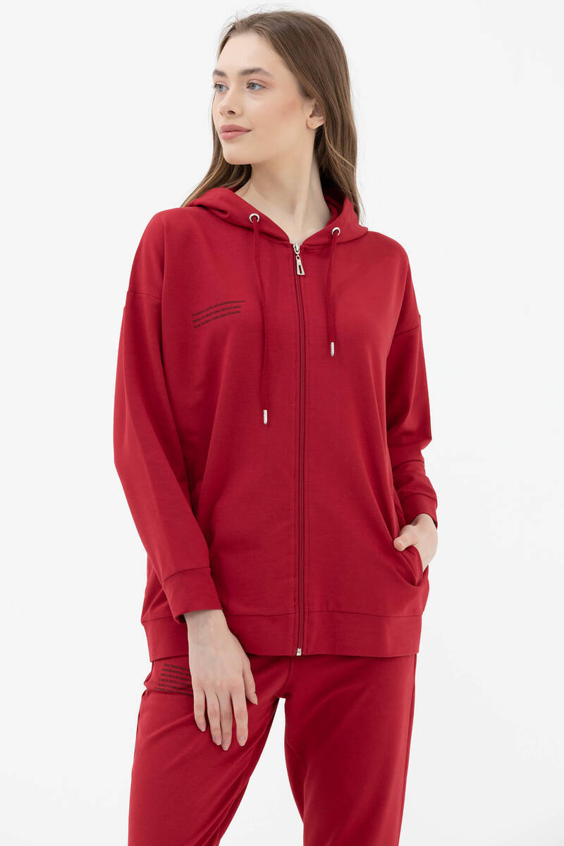 Fermuarlı Oversize Sweat - Kırmızı (2) Sementa
