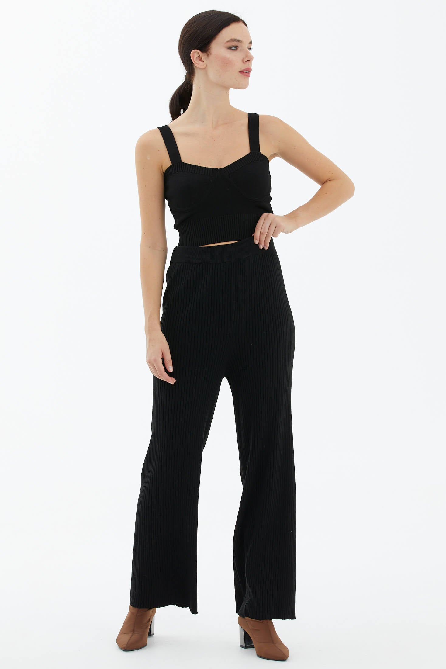 Fitilli Triko Pantolon - Siyah (3) Sementa