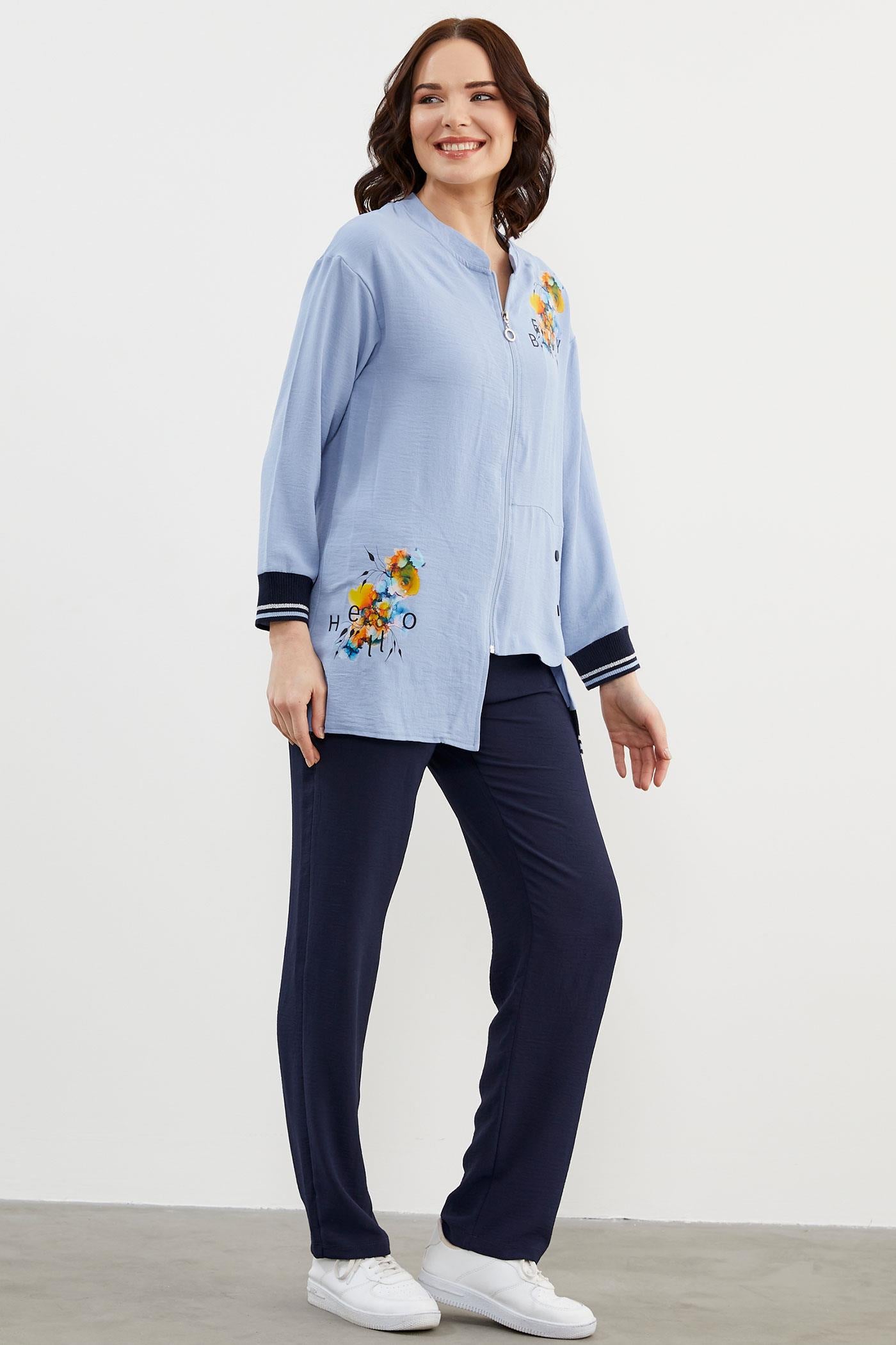 Geniş Beden Baskı Detaylı Krep Takım - Mavi (3) Sementa