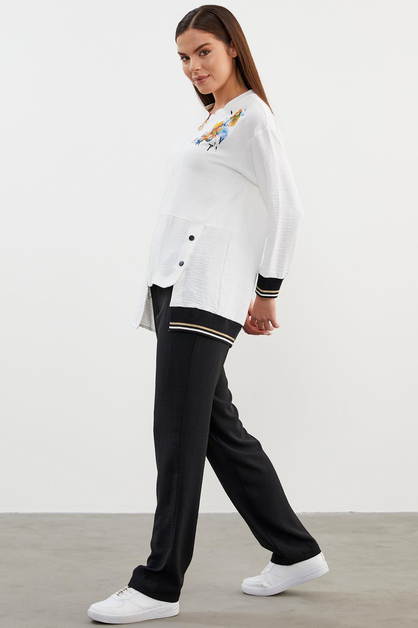 Geniş Beden Baskı Detaylı Krep Takım - Siyah (5) Sementa