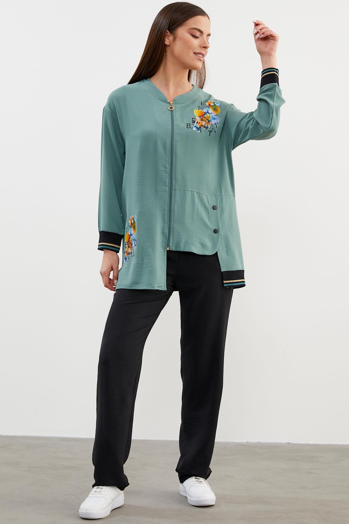 Geniş Beden Baskı Detaylı Krep Takım - Yeşil (2) Sementa