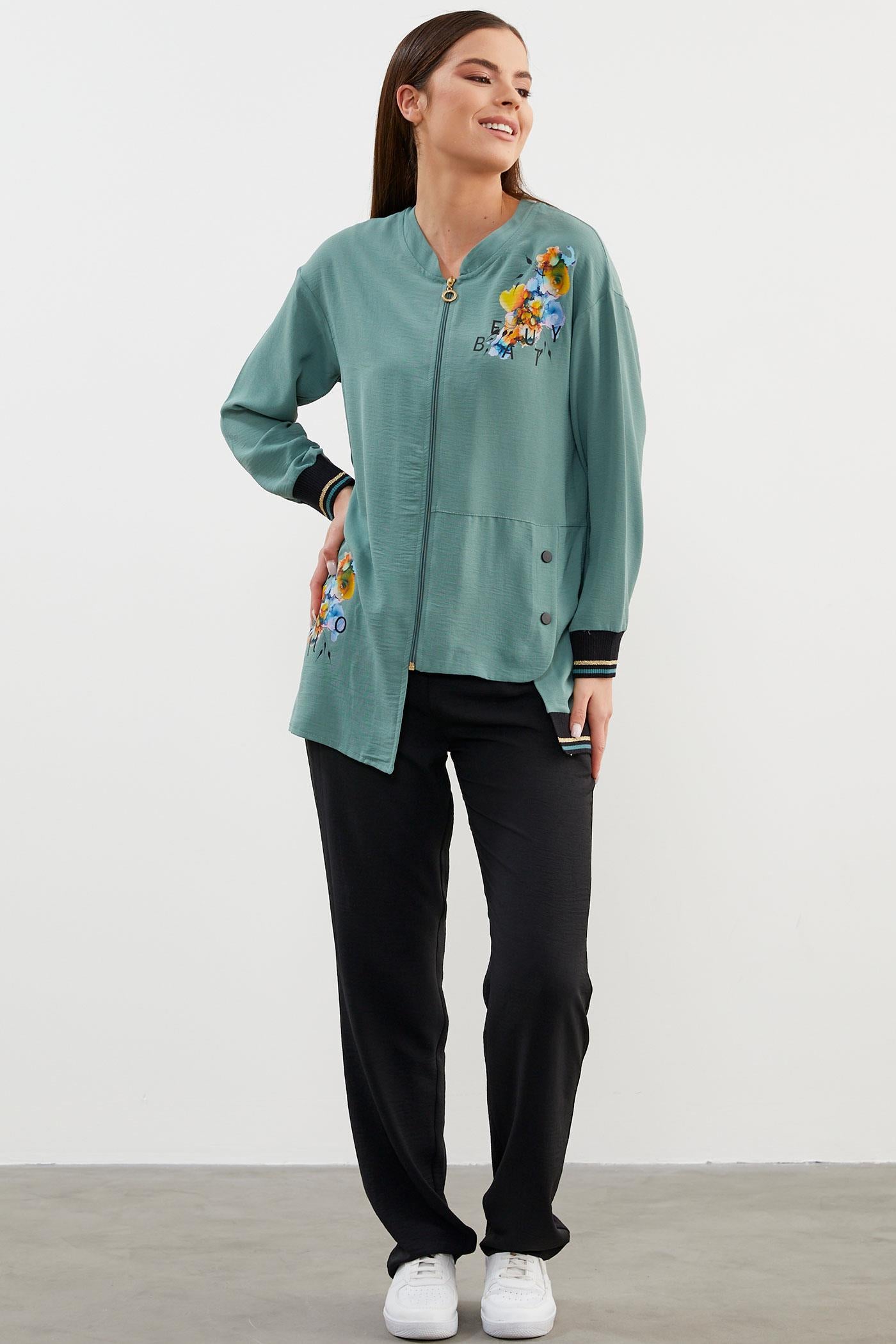 Geniş Beden Baskı Detaylı Krep Takım - Yeşil (3) Sementa