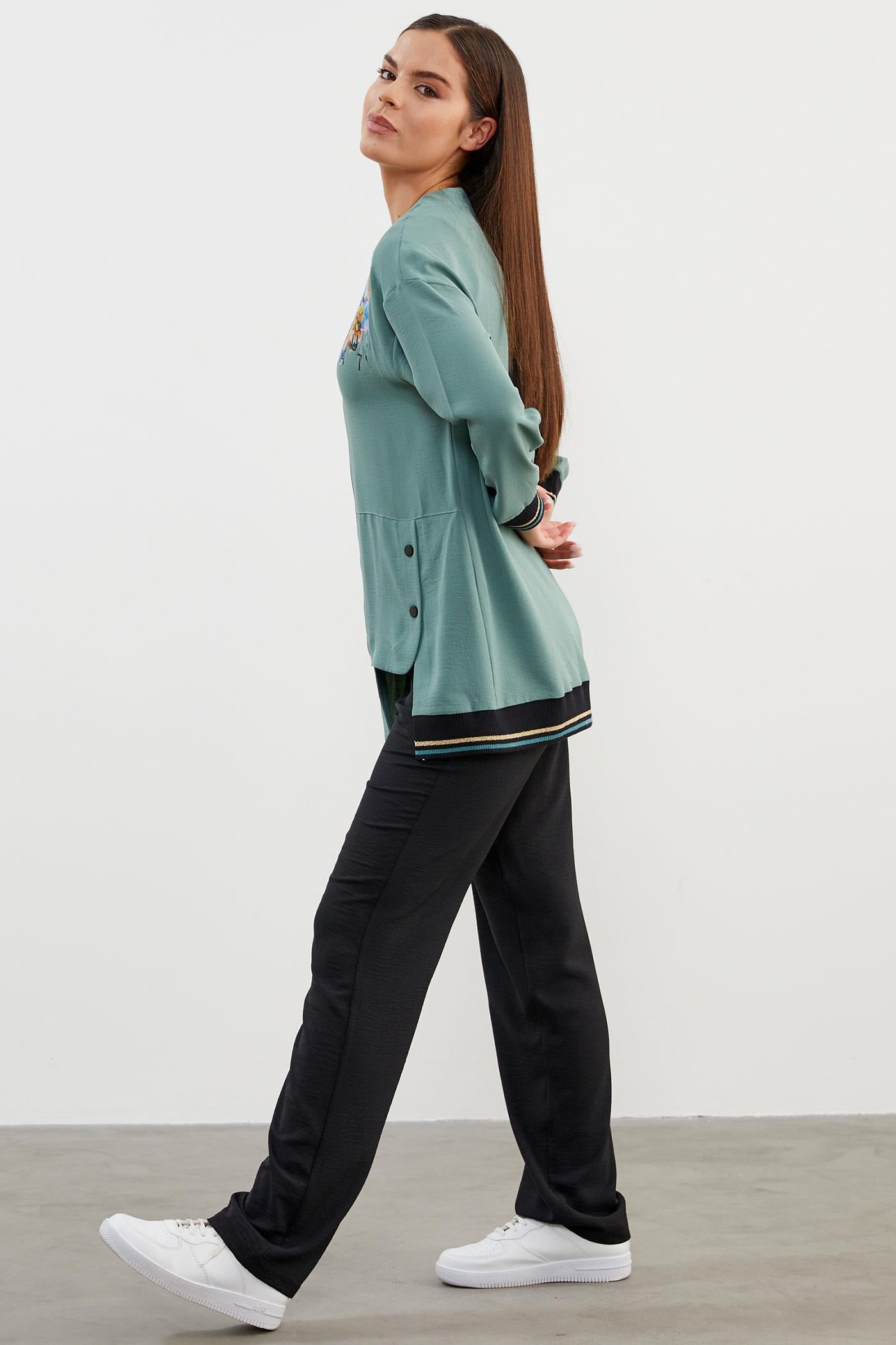 Geniş Beden Baskı Detaylı Krep Takım - Yeşil (4) Sementa