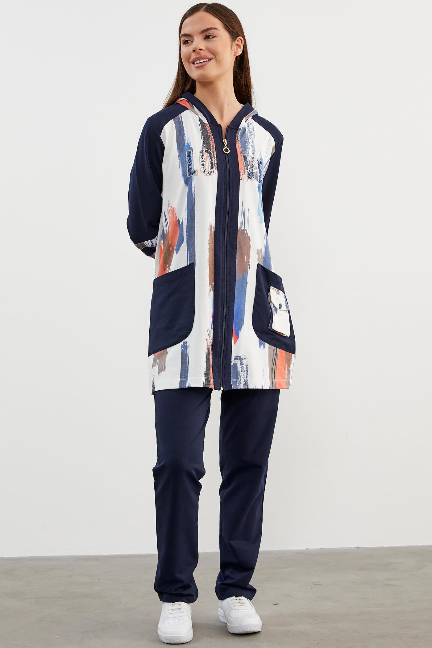 Geniş Beden Kapüşonlu Renkli Takım - Lacivert (2) Sementa