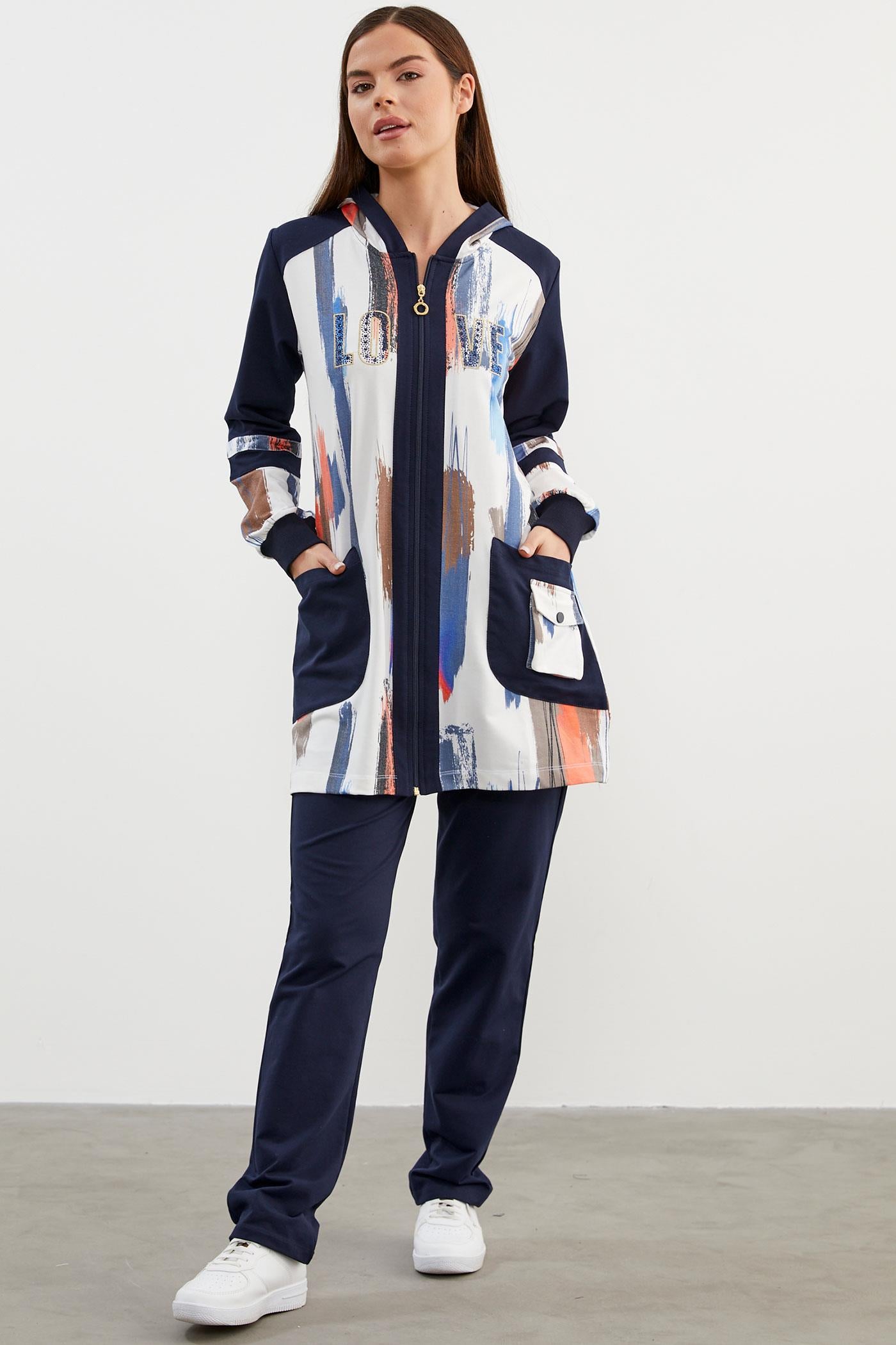 Geniş Beden Kapüşonlu Renkli Takım - Lacivert (3) Sementa