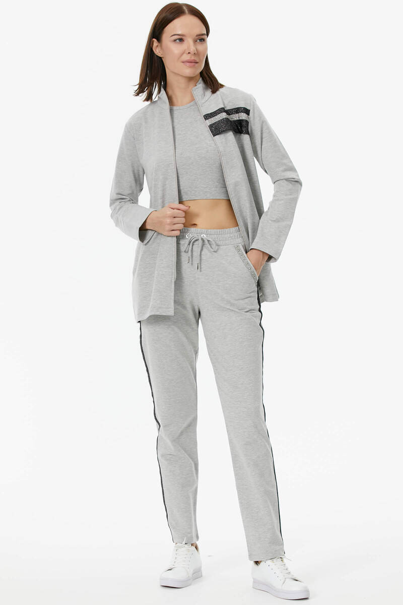 Geniş Kalıp Dik Yaka Taş Detaylı Eşofman Takım - Gri (1) Sementa