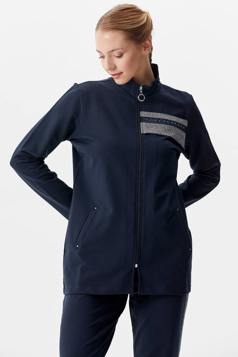 Geniş Kalıp Dik Yaka Taş Detaylı Eşofman Takım - Lacivert (1) Sementa