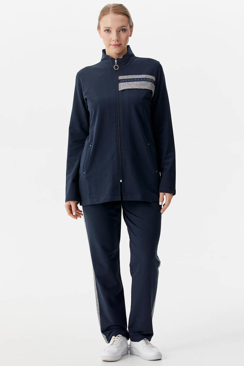 Geniş Kalıp Dik Yaka Taş Detaylı Eşofman Takım - Lacivert (2) Sementa