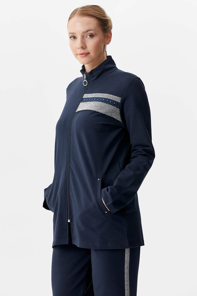 Geniş Kalıp Dik Yaka Taş Detaylı Eşofman Takım - Lacivert (4) Sementa