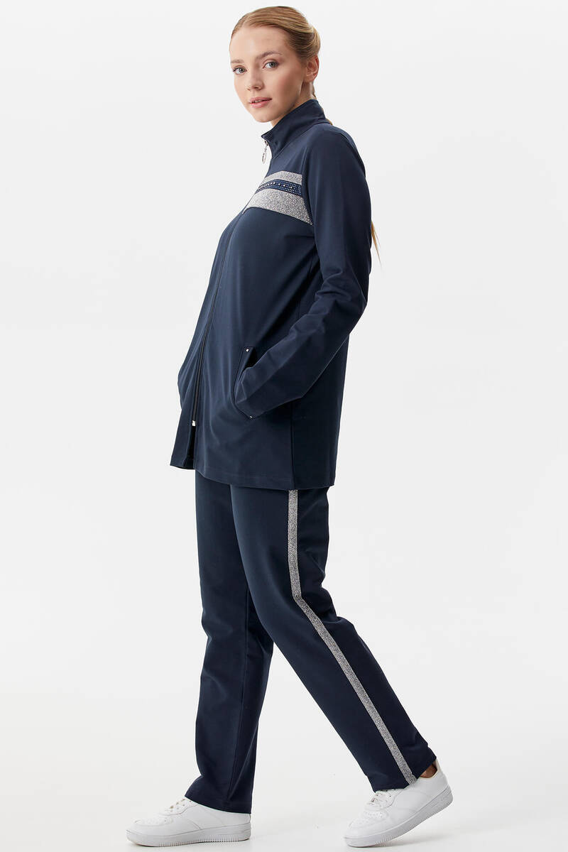 Geniş Kalıp Dik Yaka Taş Detaylı Eşofman Takım - Lacivert (5) Sementa