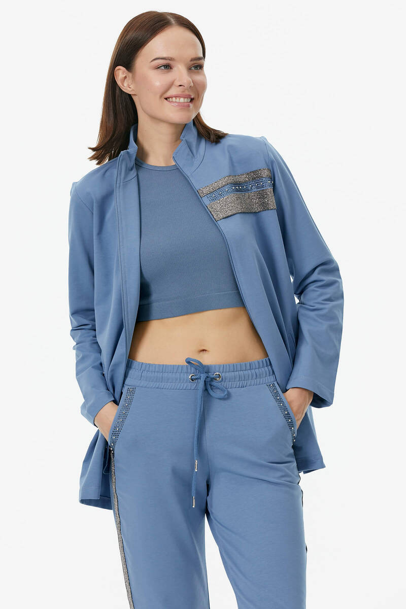 Geniş Kalıp Dik Yaka Taş Detaylı Eşofman Takım - Mavi (1) Sementa