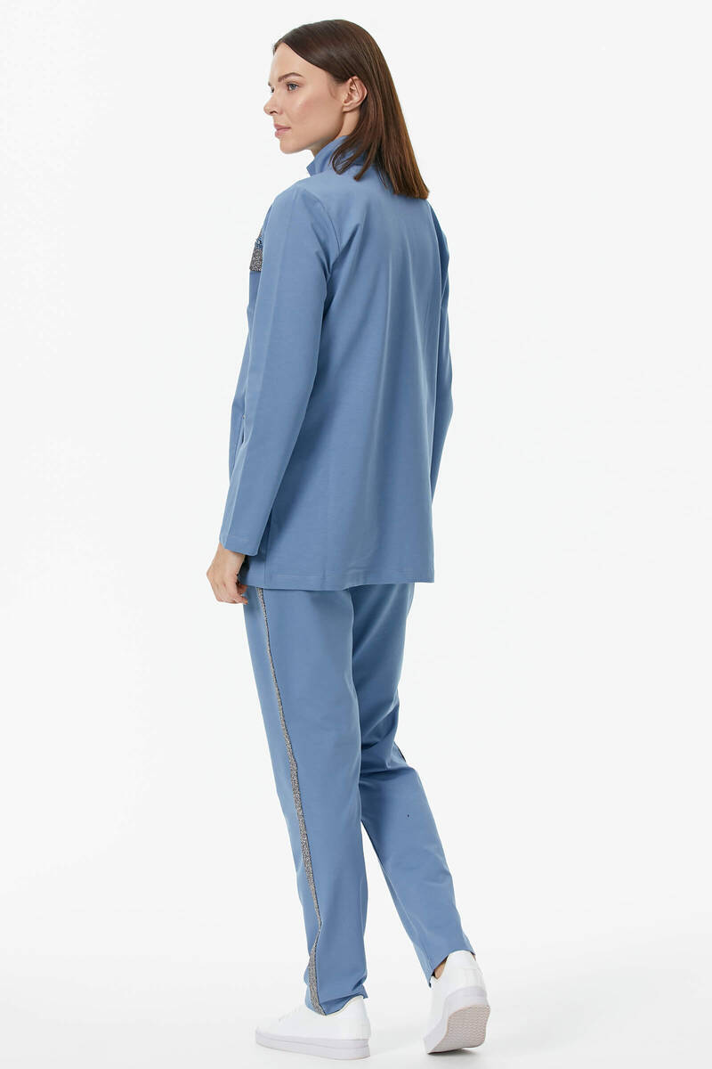 Geniş Kalıp Dik Yaka Taş Detaylı Eşofman Takım - Mavi (5) Sementa