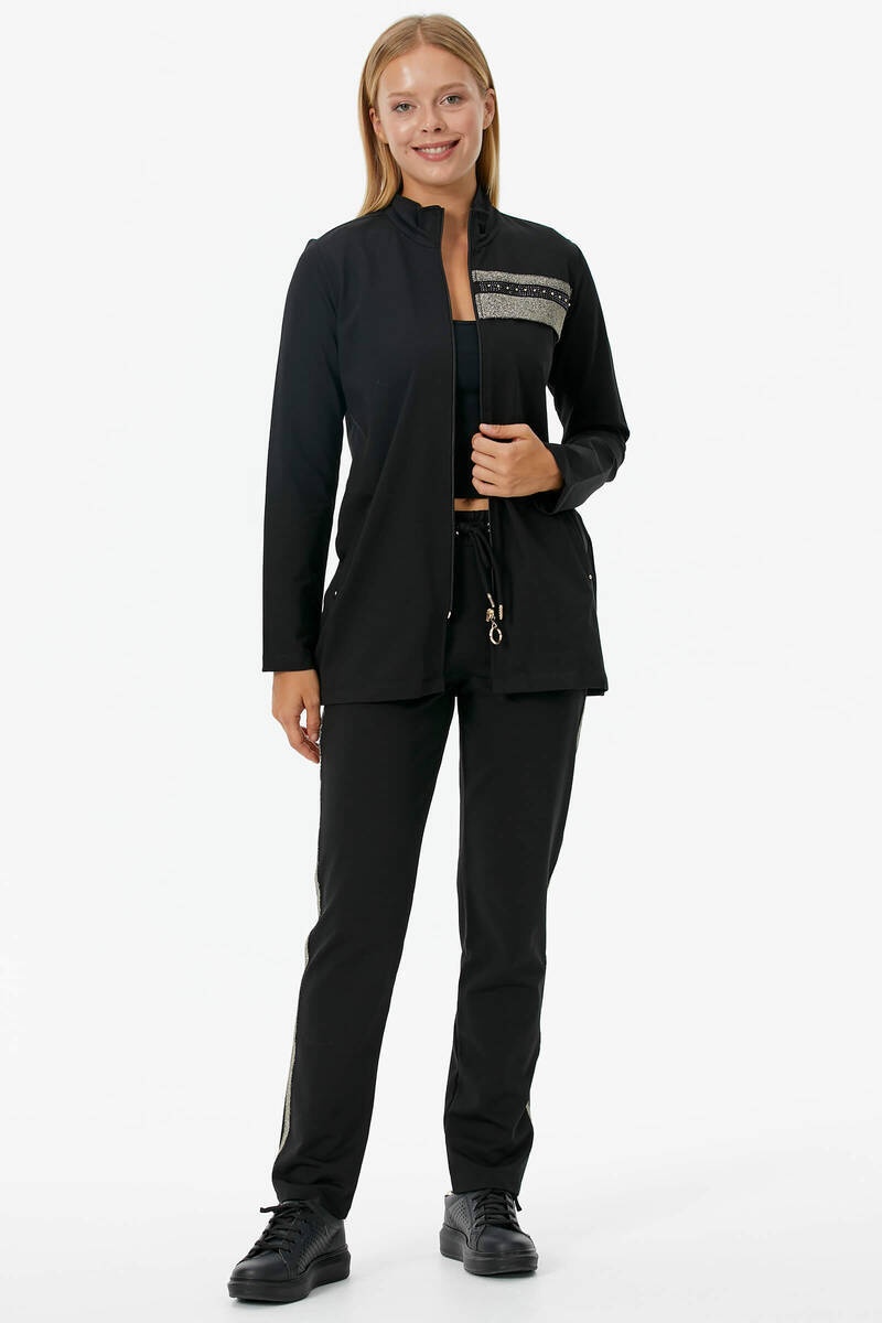 Geniş Kalıp Dik Yaka Taş Detaylı Eşofman Takım - Siyah (3) Sementa
