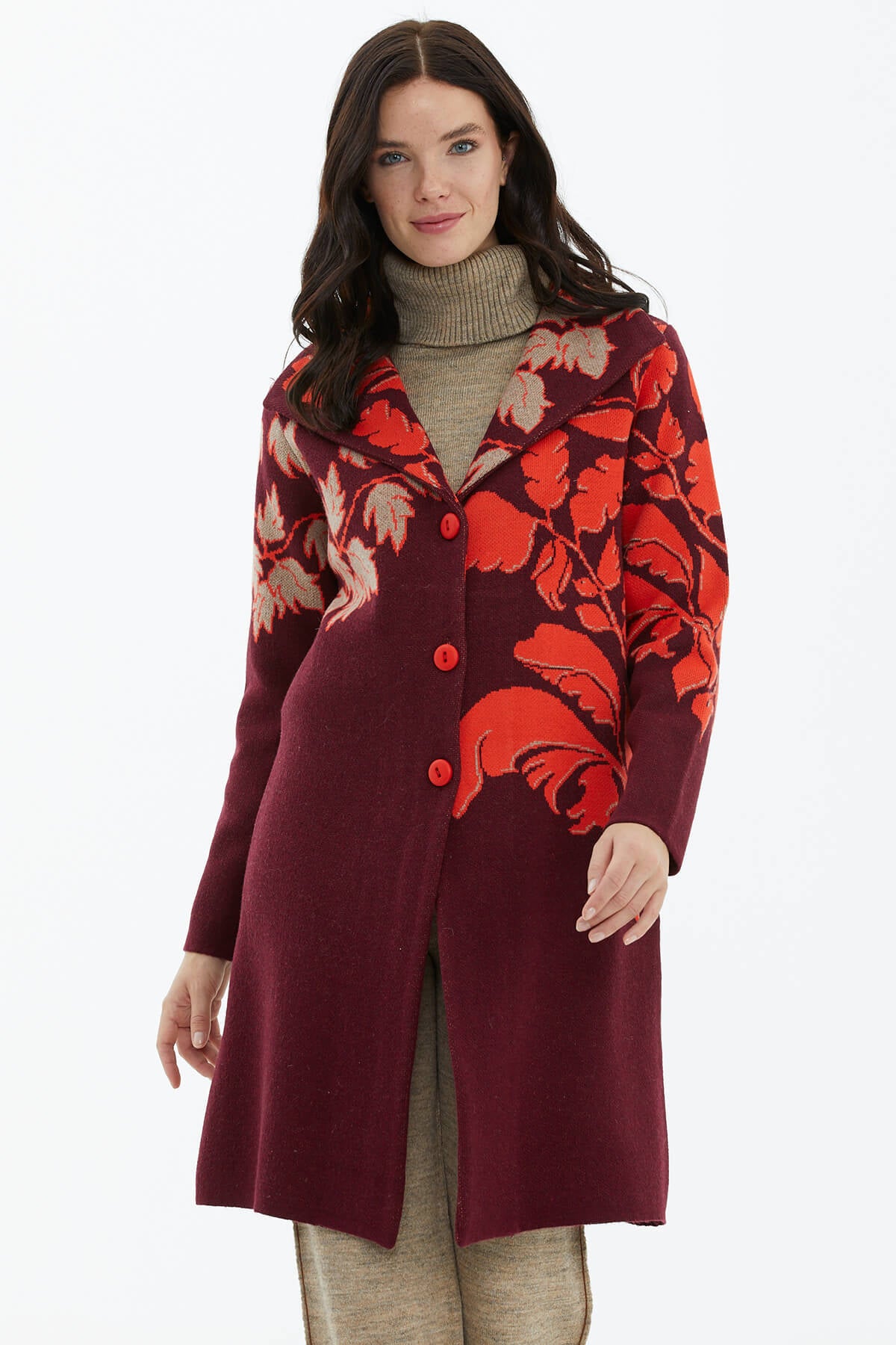 Geniş Polo Yaka Desenli Triko Hırka - Bordo (1) Sementa