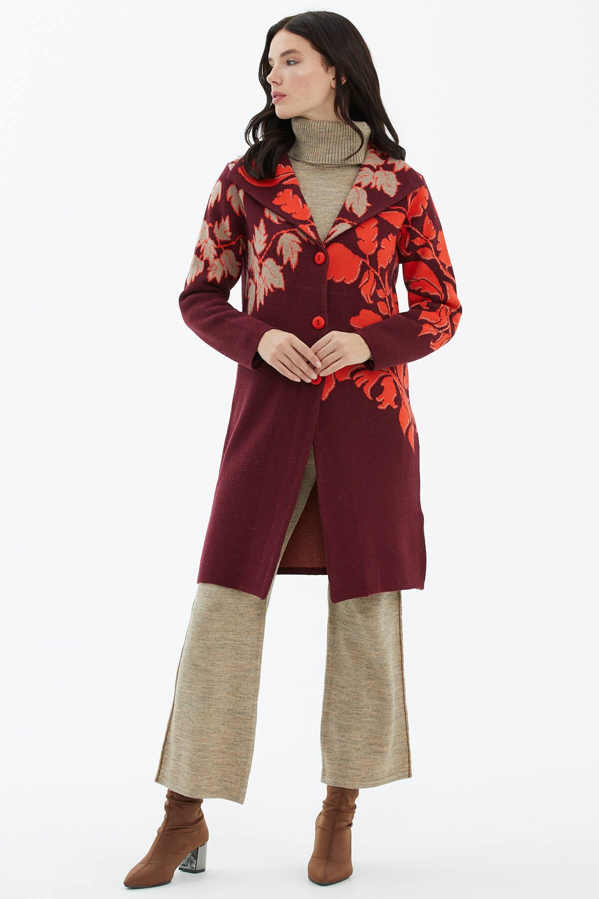 Geniş Polo Yaka Desenli Triko Hırka - Bordo (2) Sementa