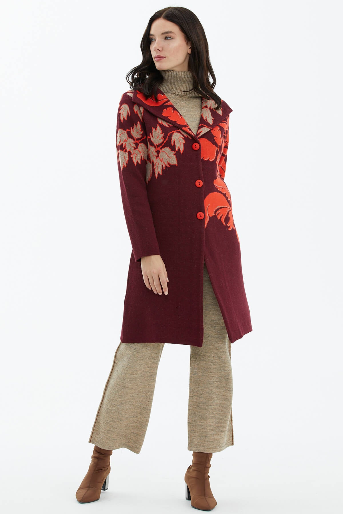 Geniş Polo Yaka Desenli Triko Hırka - Bordo (3) Sementa