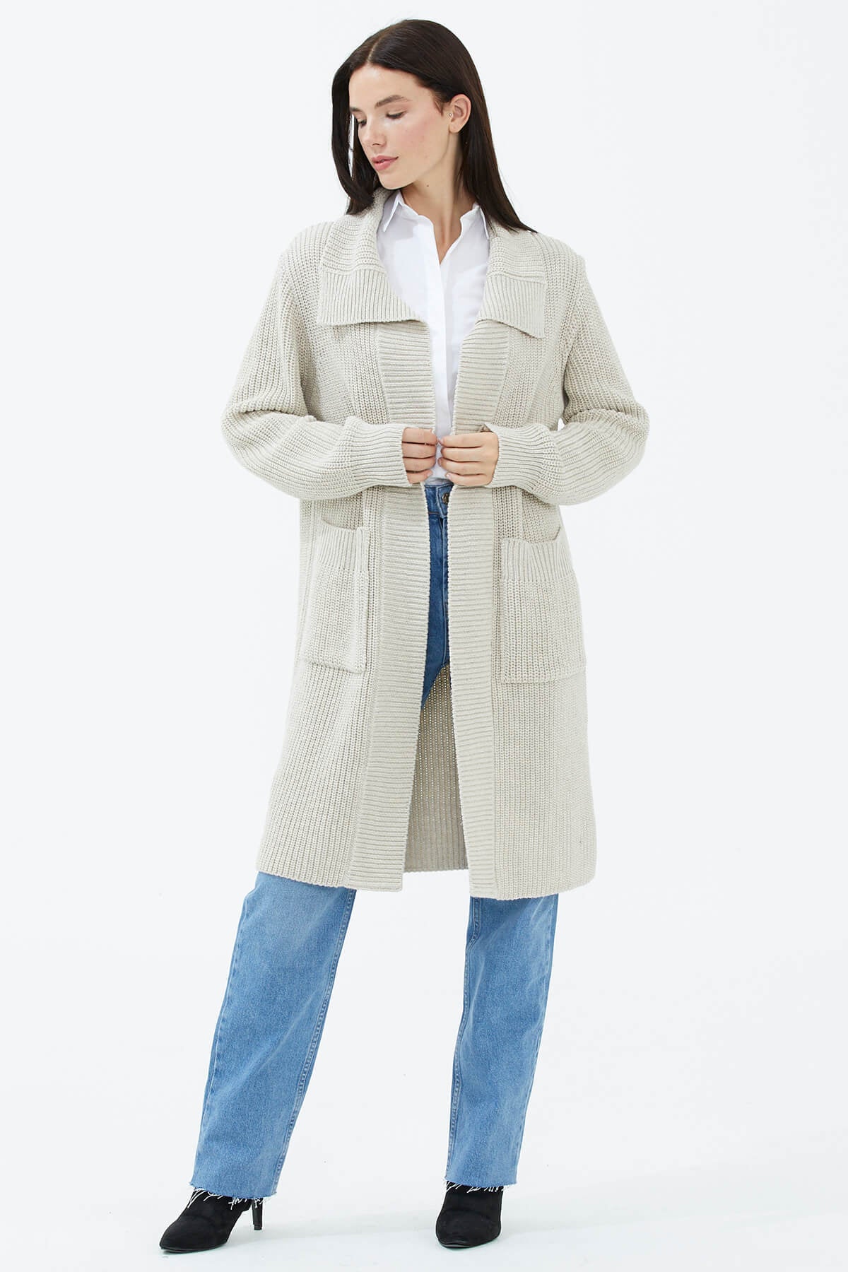 Geniş Yaka Salaş Triko Uzun Hırka - Açık Bej (2) Sementa