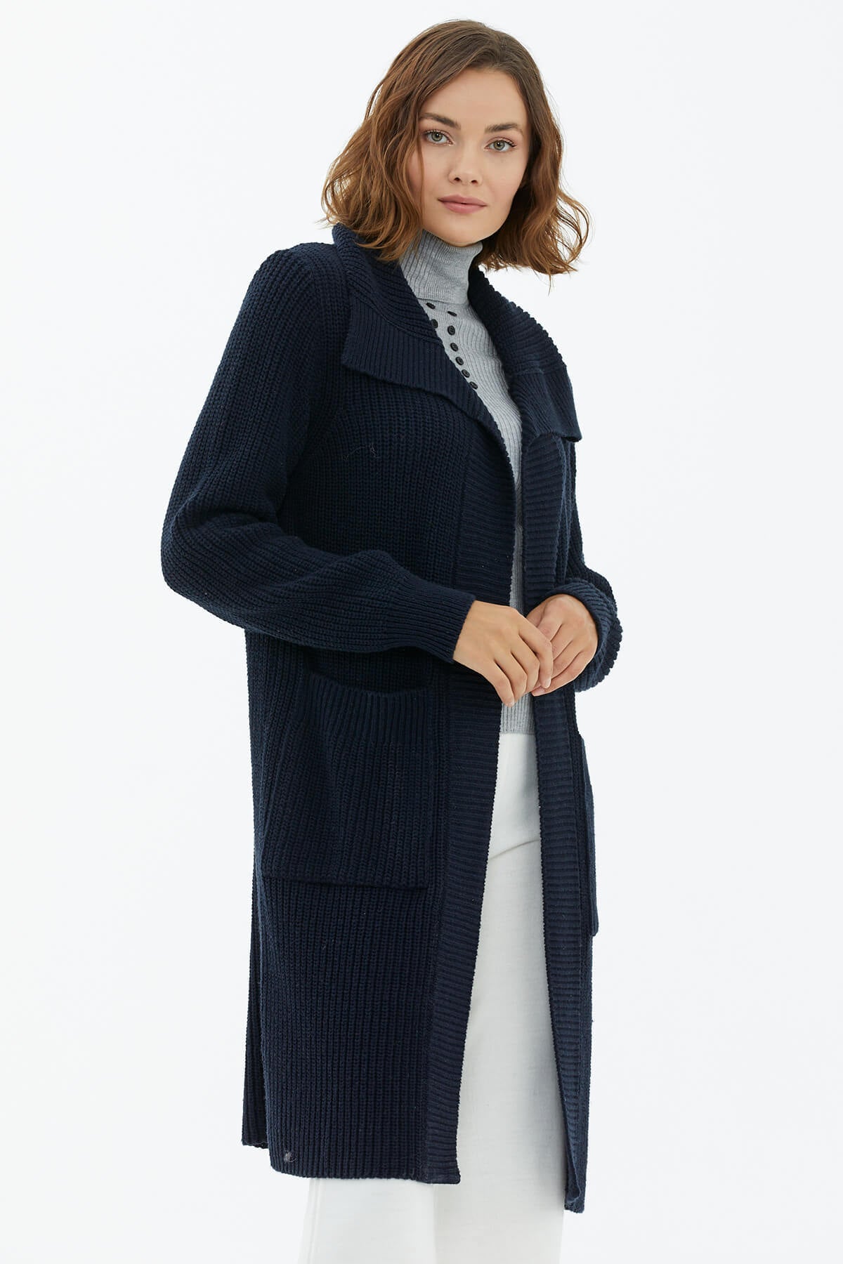 Geniş Yaka Salaş Triko Uzun Hırka - Lacivert (2) Sementa