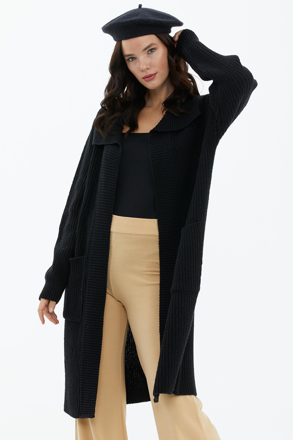 Geniş Yaka Salaş Triko Uzun Hırka - Siyah (2) Sementa