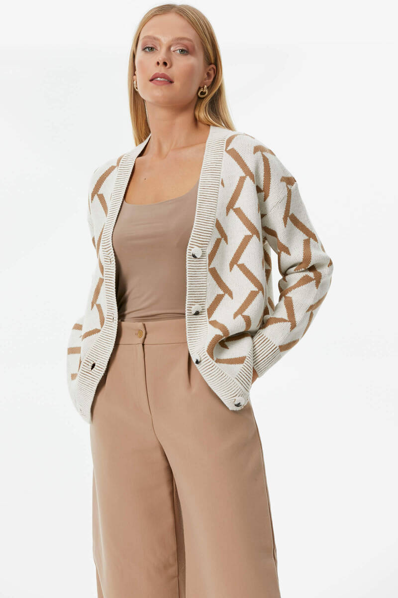 Geometrik Desenli Triko Hırka - Kemik - Kamel (1) Sementa