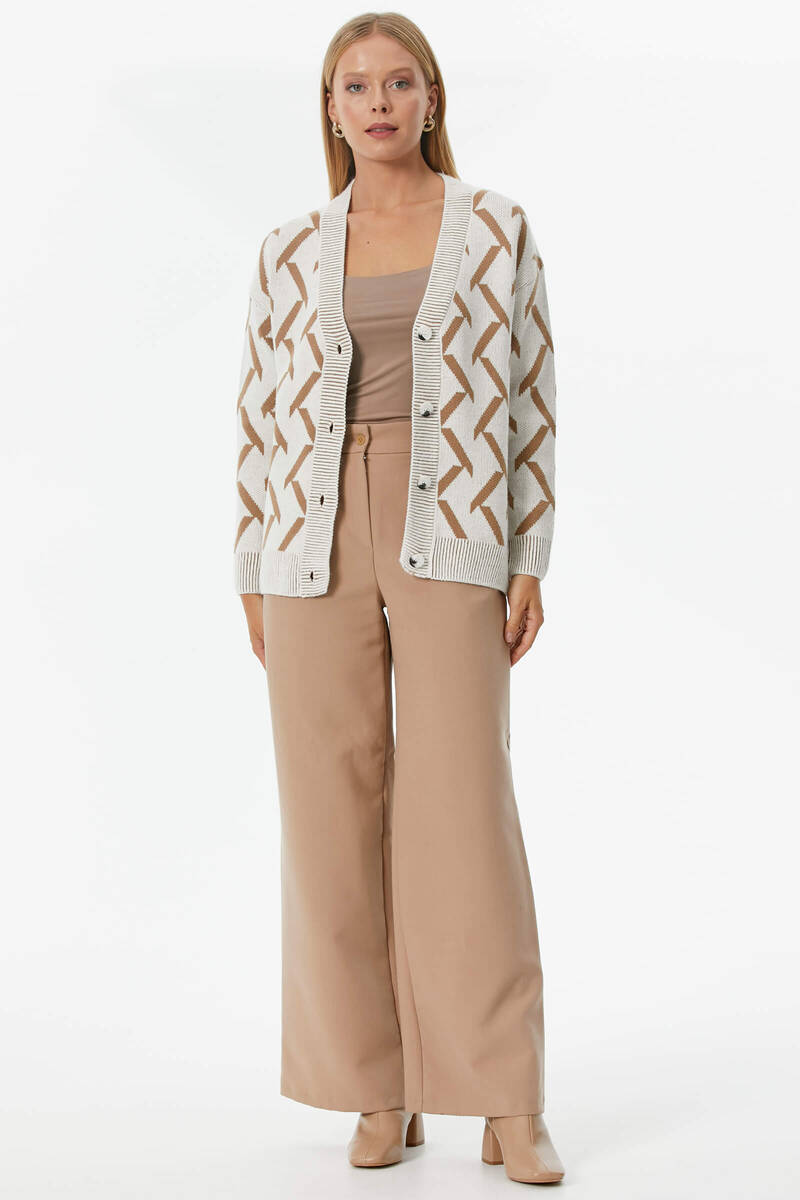 Geometrik Desenli Triko Hırka - Kemik - Kamel (2) Sementa