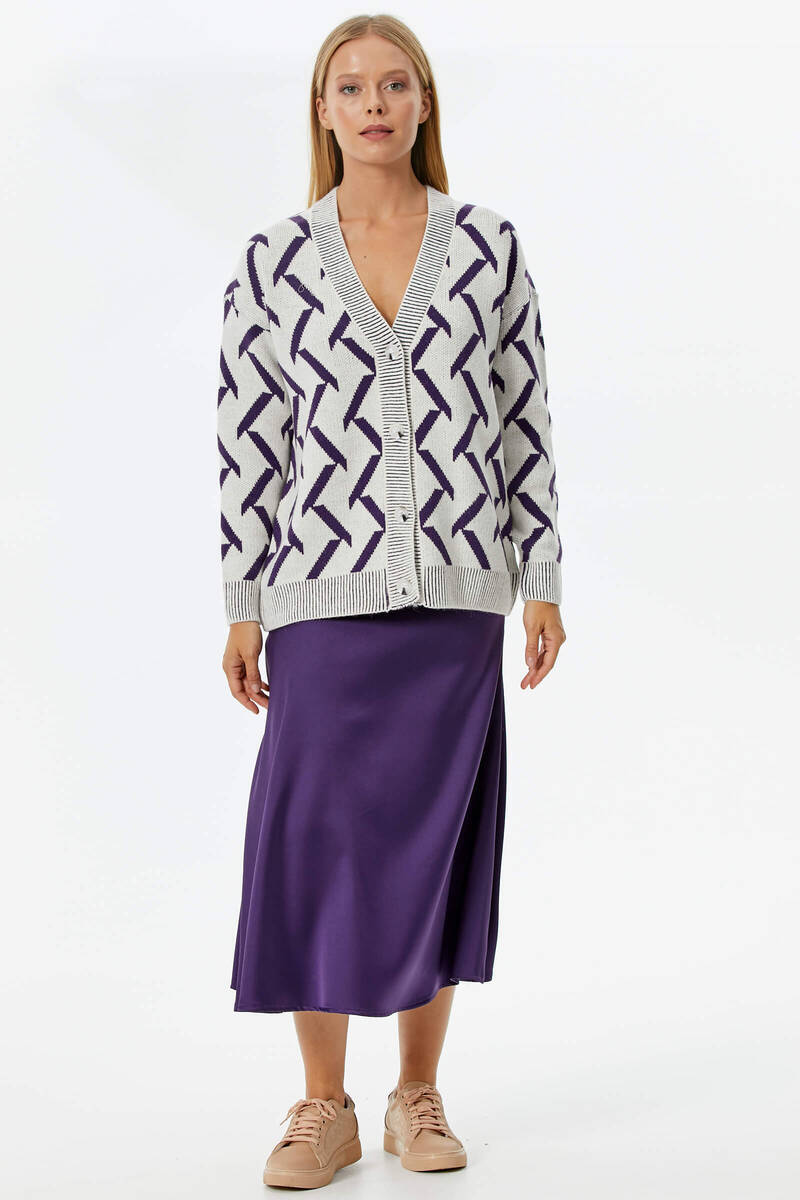 Geometrik Desenli Triko Hırka - Kemik- Mor (1) Sementa