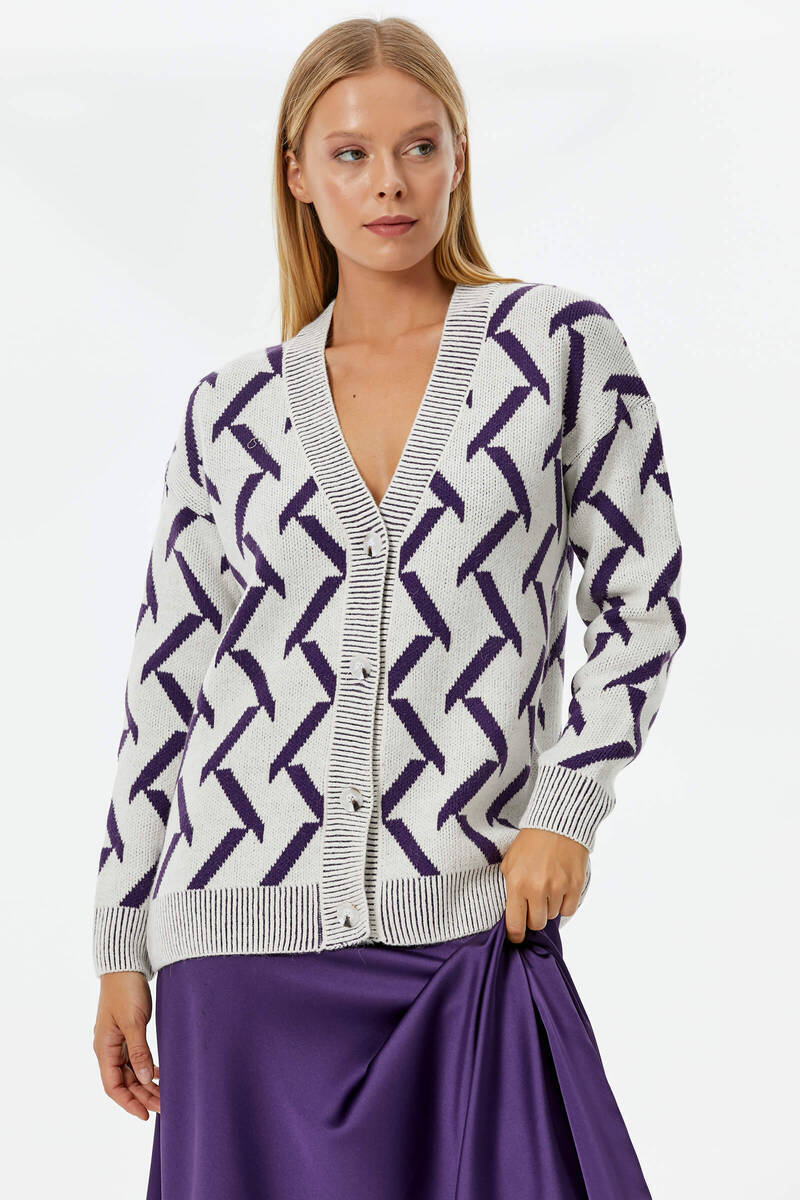 Geometrik Desenli Triko Hırka - Kemik- Mor (2) Sementa