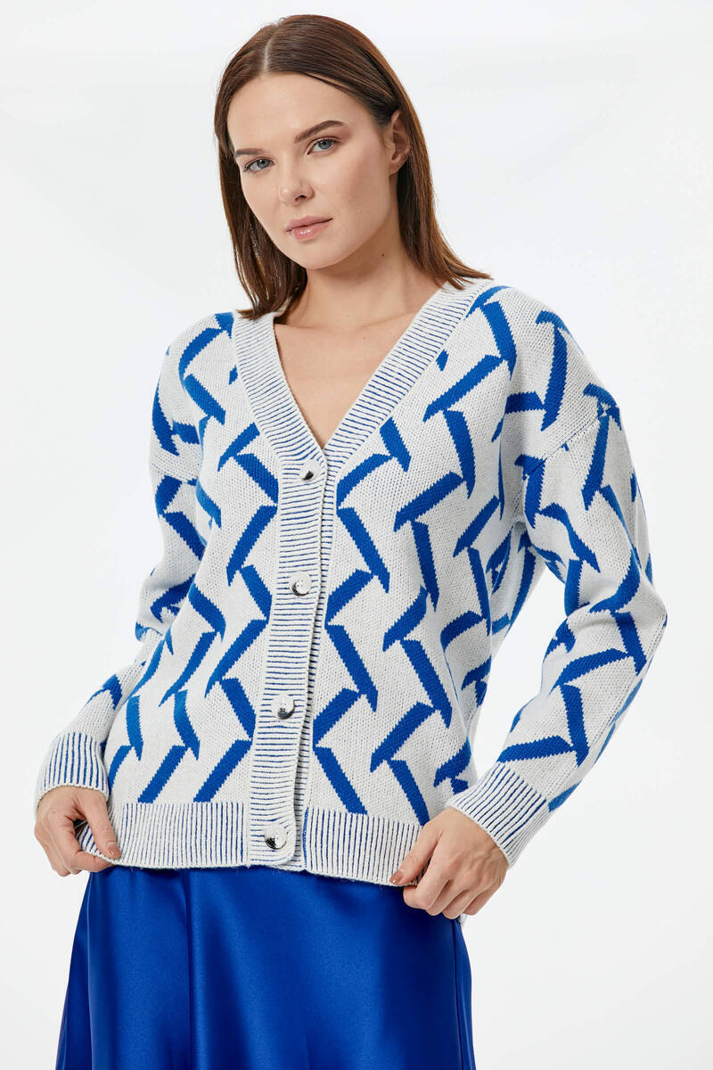 Geometrik Desenli Triko Hırka - Kemik-Saks (2) Sementa