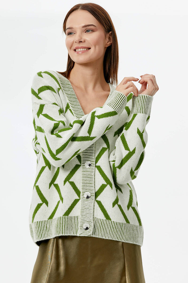 Geometrik Desenli Triko Hırka - Kemik - Yeşil (4) Sementa