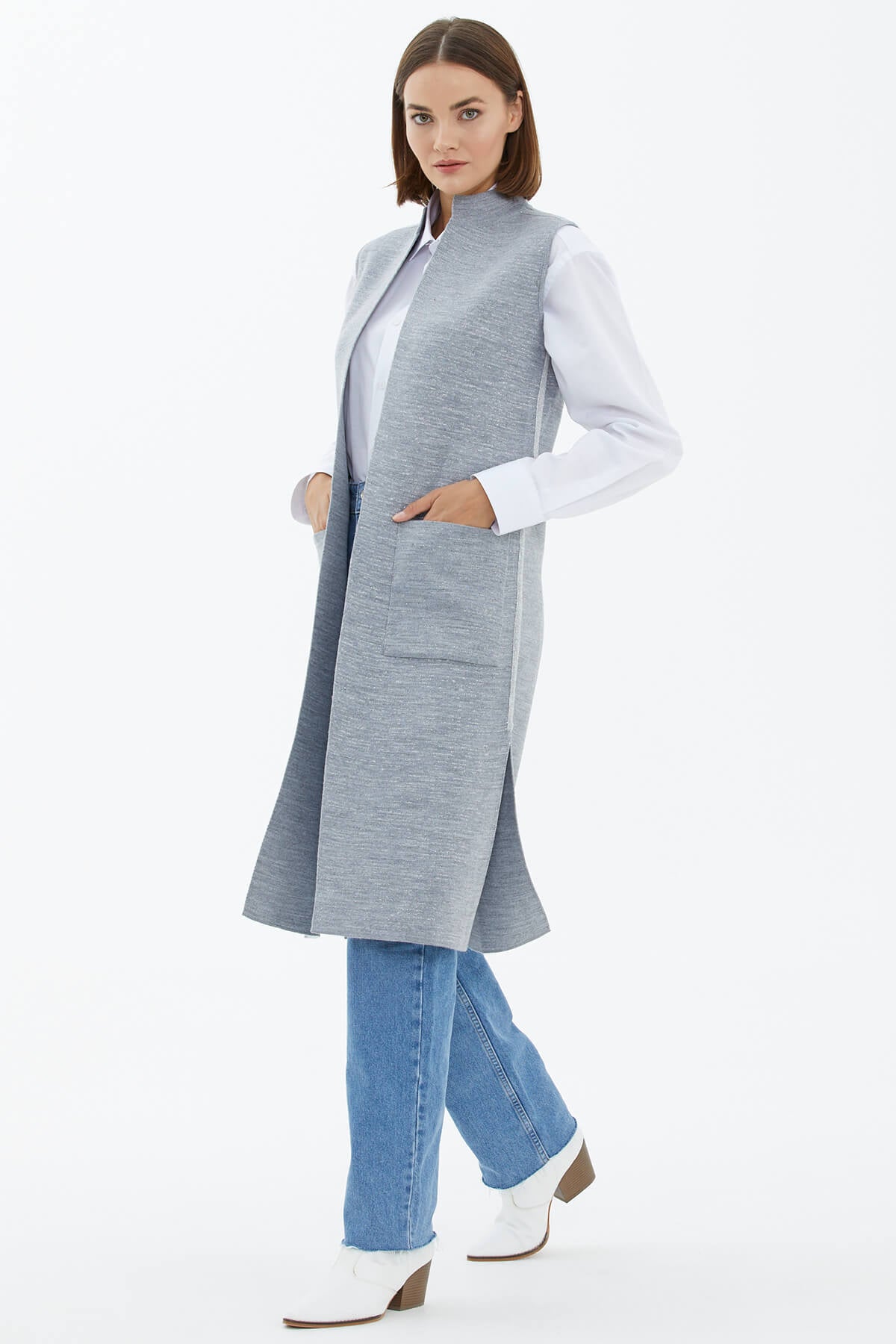Hakim Yaka Cepli Sim Detaylı Triko Yelek - Gri (2) Sementa