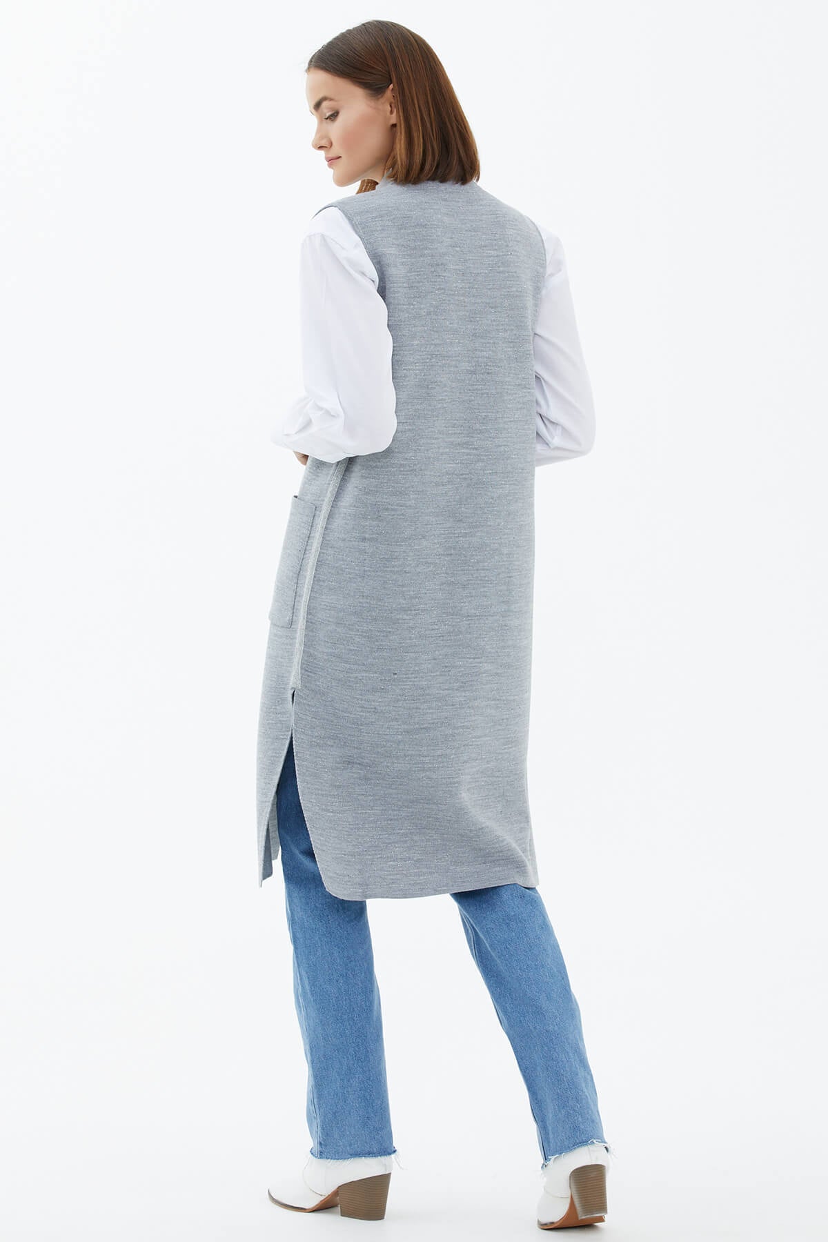 Hakim Yaka Cepli Sim Detaylı Triko Yelek - Gri (4) Sementa