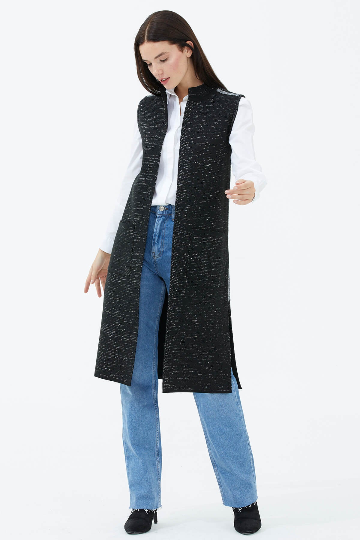 Hakim Yaka Cepli Sim Detaylı Triko Yelek - Siyah (1) Sementa