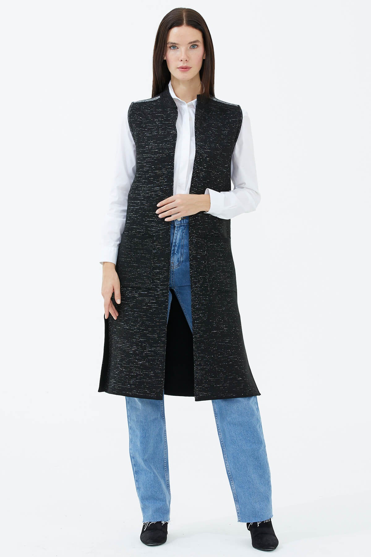 Hakim Yaka Cepli Sim Detaylı Triko Yelek - Siyah (2) Sementa