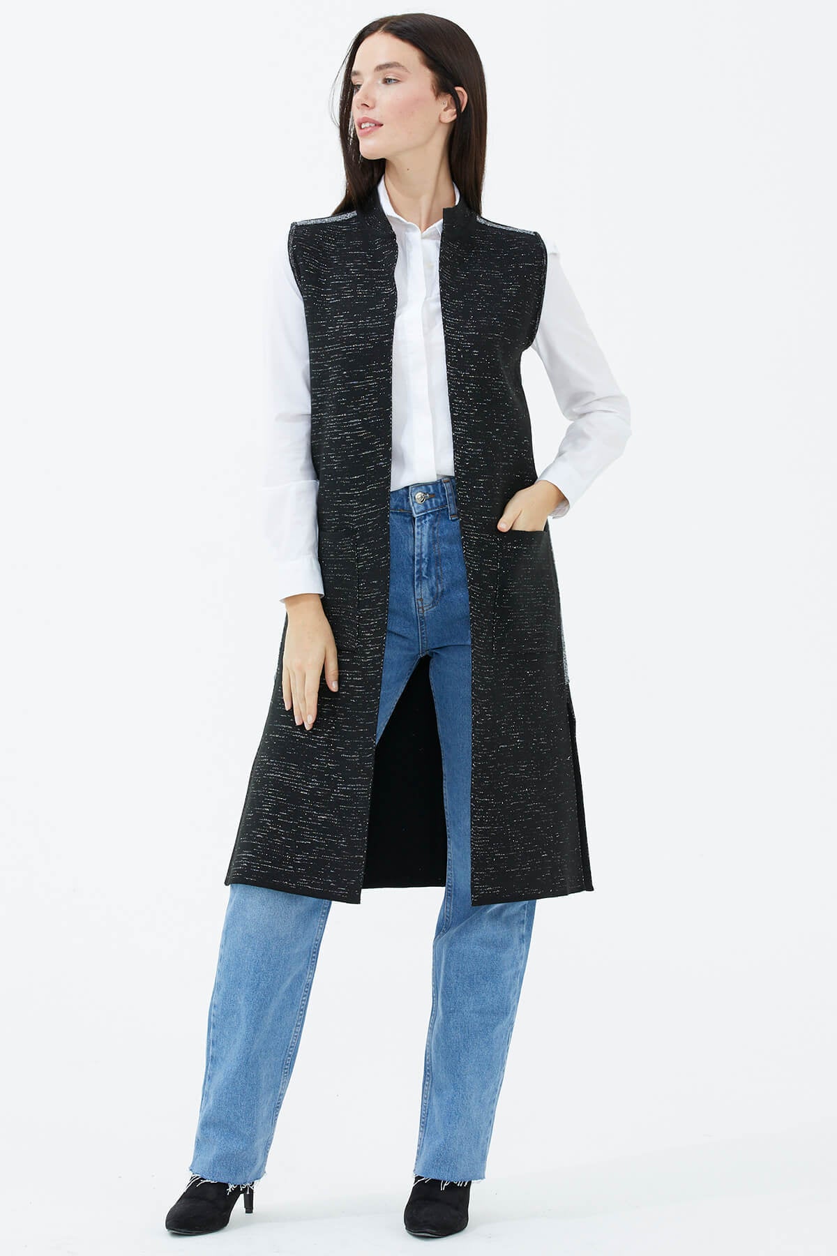 Hakim Yaka Cepli Sim Detaylı Triko Yelek - Siyah (3) Sementa