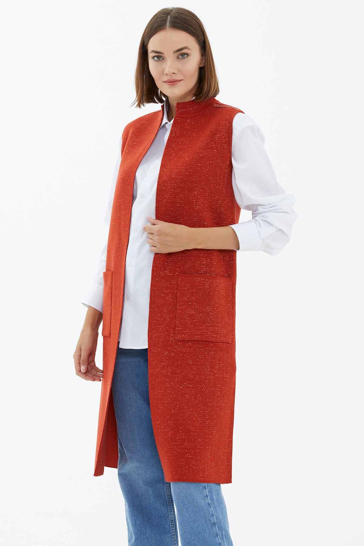 Hakim Yaka Cepli Sim Detaylı Triko Yelek - Taba (2) Sementa