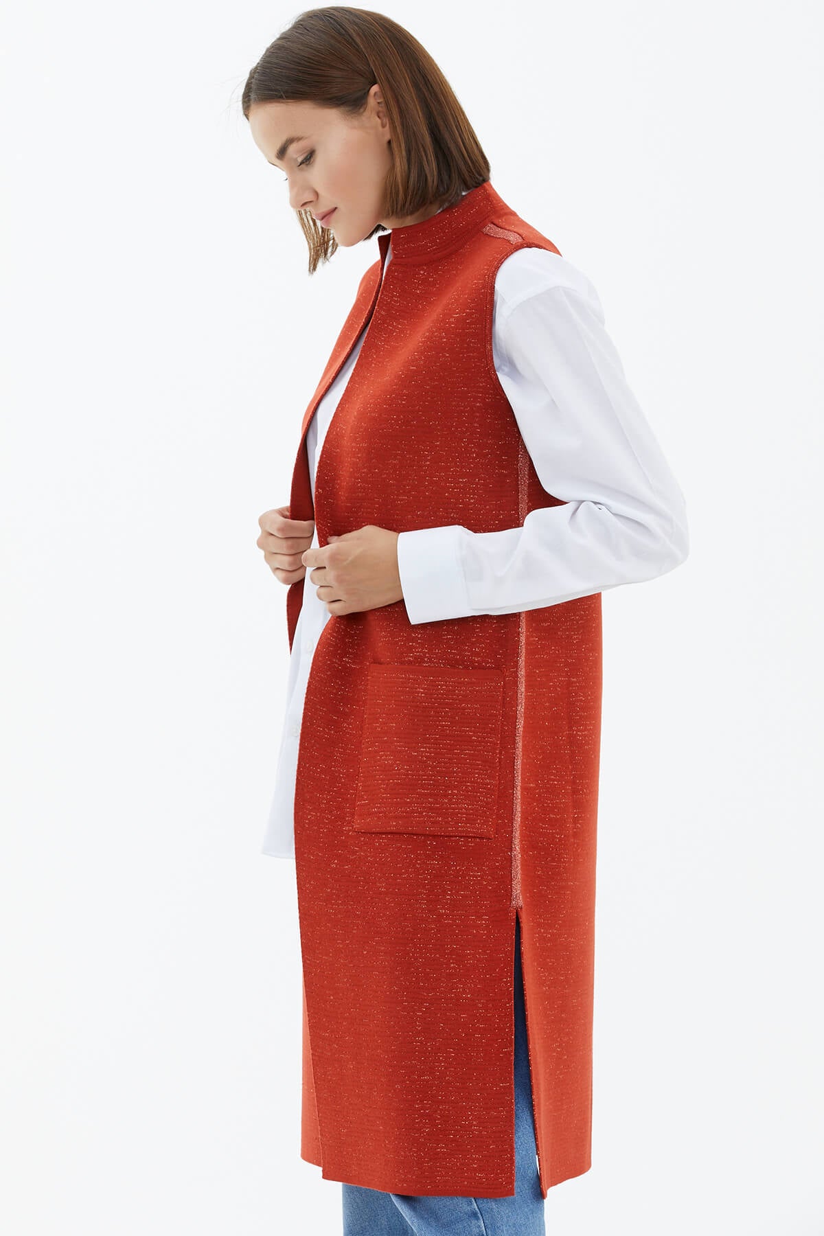 Hakim Yaka Cepli Sim Detaylı Triko Yelek - Taba (3) Sementa