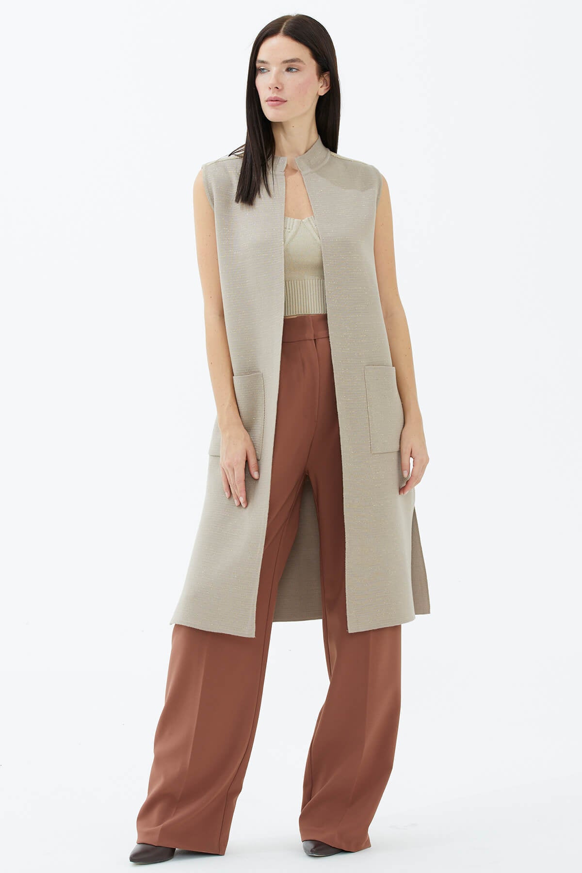 Hakim Yaka Cepli Sim Detaylı Triko Yelek - Vizon (1) Sementa