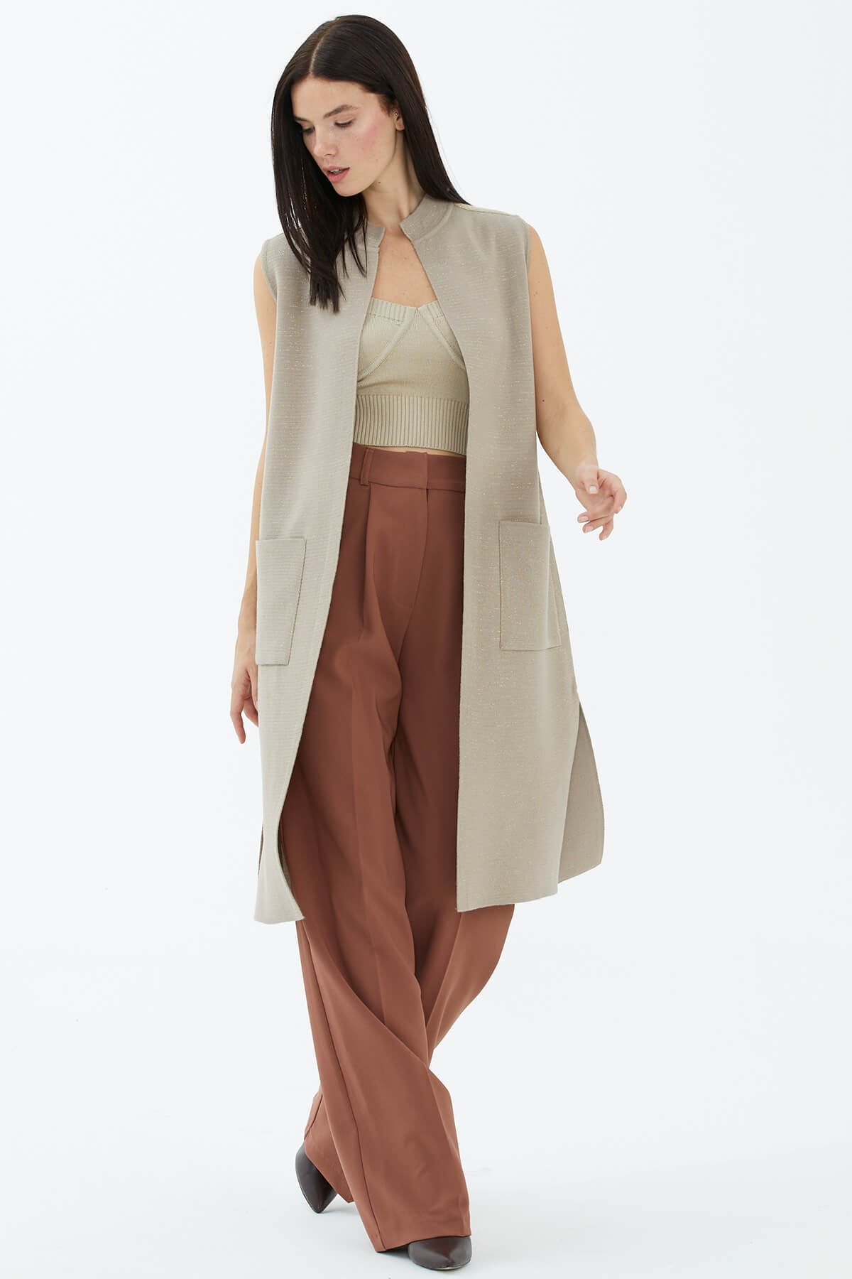 Hakim Yaka Cepli Sim Detaylı Triko Yelek - Vizon (2) Sementa