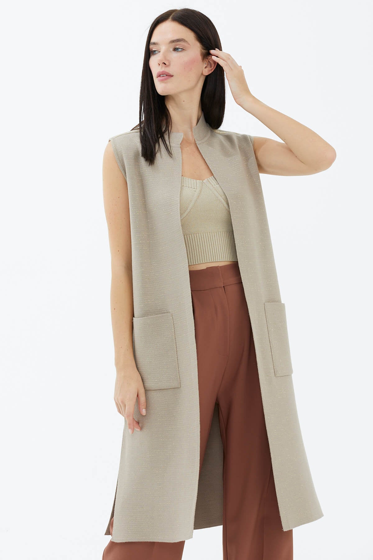 Hakim Yaka Cepli Sim Detaylı Triko Yelek - Vizon (3) Sementa