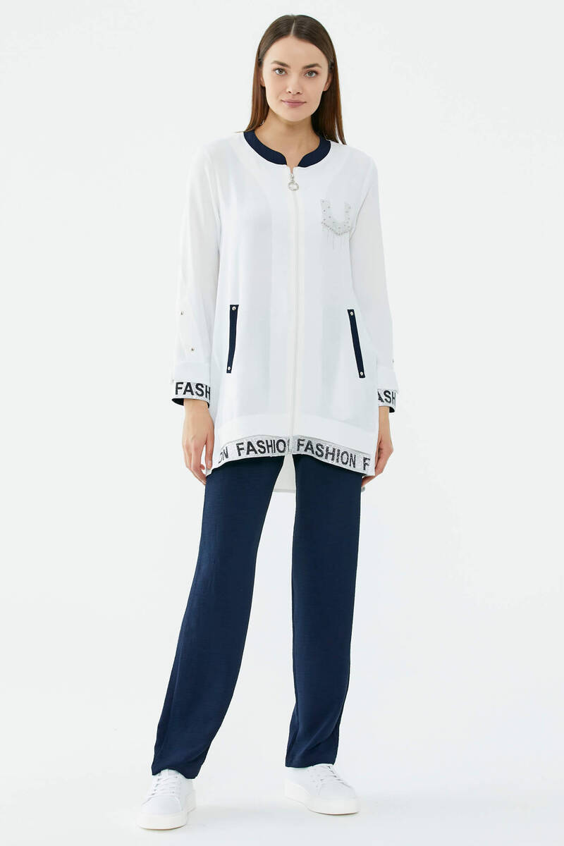 Hakim Yaka Sim Detaylı Geniş Kalıp Krep Takım - Ekru - Lacivert (1) Sementa